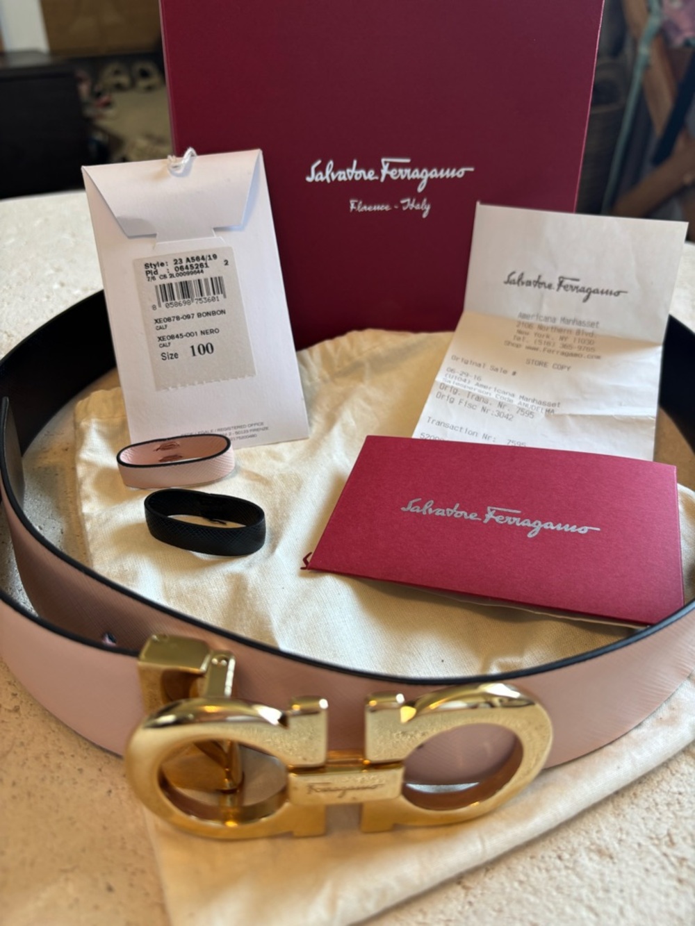 Ferragamo Black and Pink Leather Belt with Gold Gancini Buckle - Picture 2 of 3